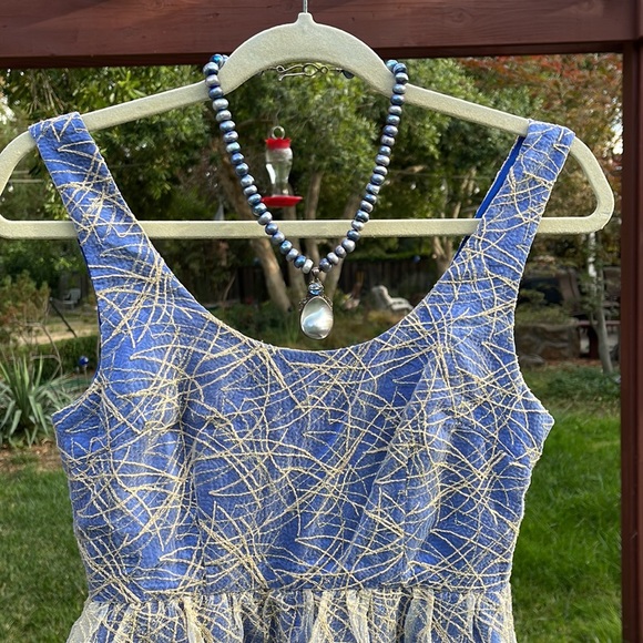 🌺 MINUET; Brand New w/Tags! Unique Blue w/Gold Overlay Party Dress; Misses XS/S - Picture 5 of 13
